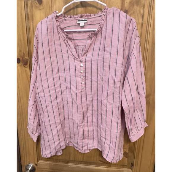 J Jill Linen Women's Top M Pink Stripe Button Front 100% Linen Blouse - Picture 1 of 4